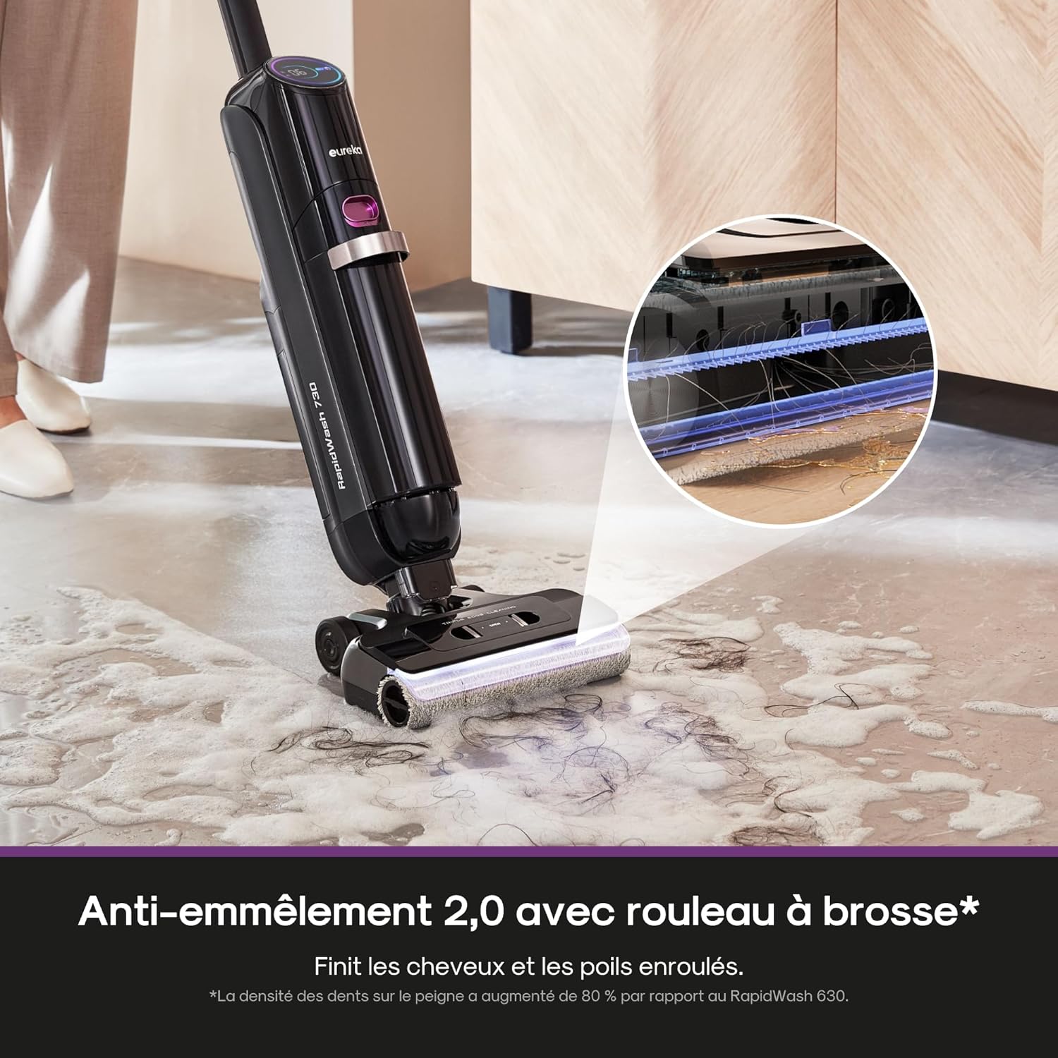 EUREKA RapidWash NEW730 Cordless Vacuum Cleaner, 21600 Pa Suction, 85°C Hot Water Wash, 5 Minutes Hot Air Drying, Anti Tangle 2.0, Flat Design, 40 Mins Uninterrupted Battery Life