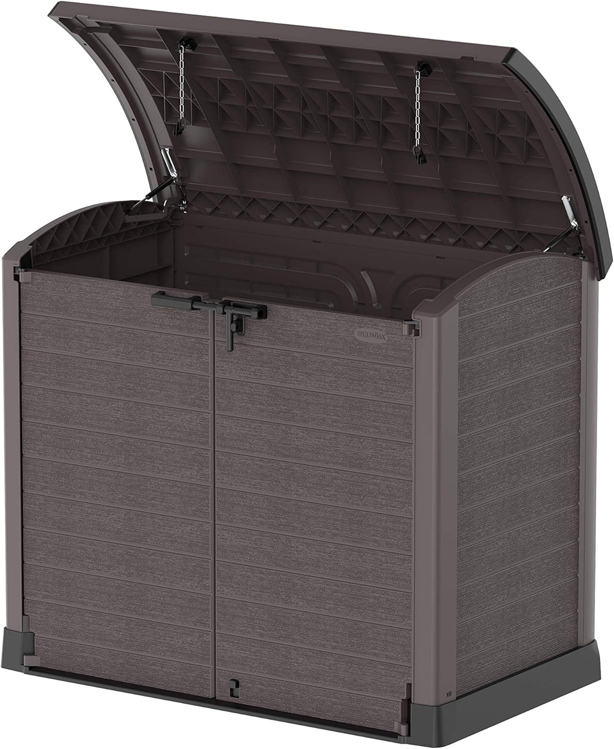 Duramax StoreAway 1200L Plastic Garden Shed/ Flat Lid,Outdoor Storage Shed,Wheelie Bin Hideaways,Wheelie bin box,Durable Construction,Ideal for Bikes,BBQs & 2x 240L Bins,145x85x125 cm,Brown