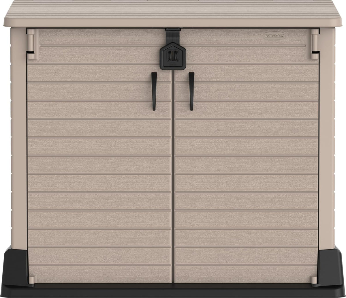 Duramax StoreAway 1200L Plastic Garden Shed/ Flat Lid,Outdoor Storage Shed,Wheelie Bin Hideaways,Wheelie bin box,Durable Construction,Ideal for Bikes,BBQs & 2x 240L Bins,145x85x125 cm,Brown