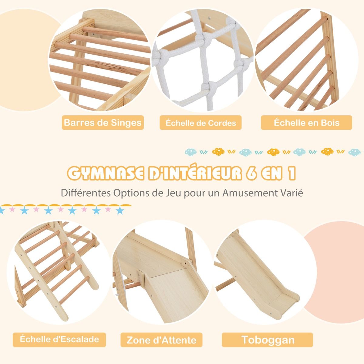 6 in 1 Wooden Climbing Triangle with Slide and Net Bar for Climbing, Crawling and Sliding 1 Year+ Colorful/Natural -