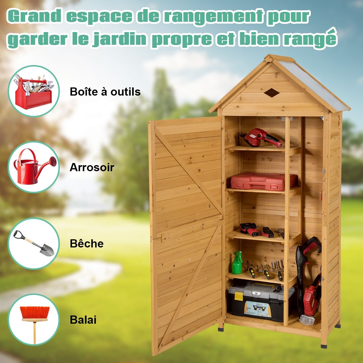 Outdoor Garden Shed with 5 Shelves Lockable Cabin in Fir Wood with Galvanized Sheet Metal Roof -