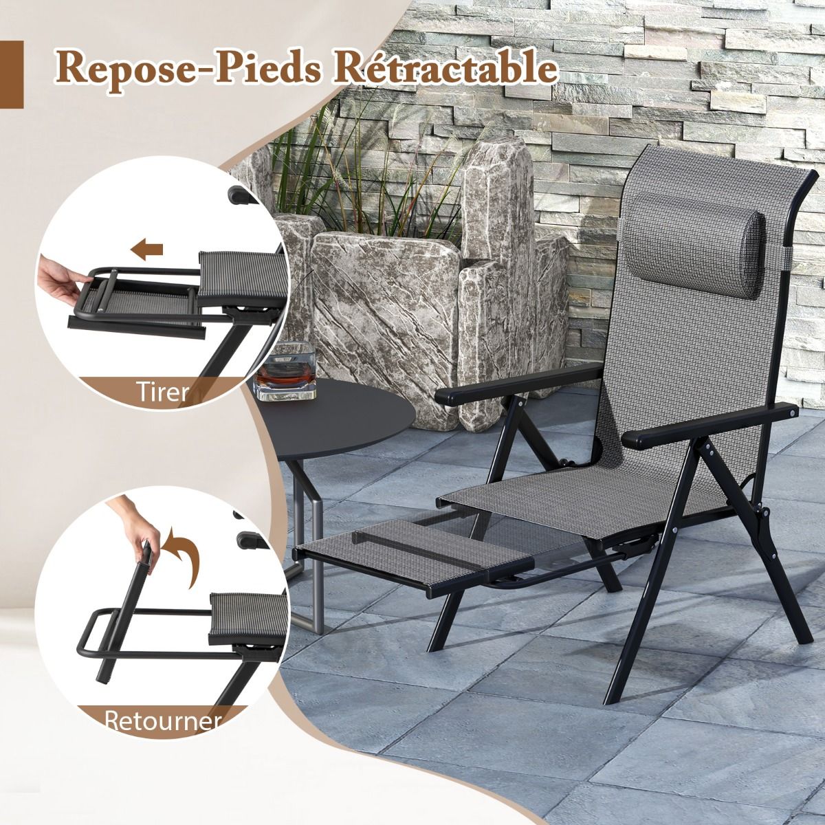 Set of 2 Folding and Reclining Lounge Chairs Adjustable Backrests and Armrests at 10 Levels Retractable Footrest Capacity 150 Kg Gray -