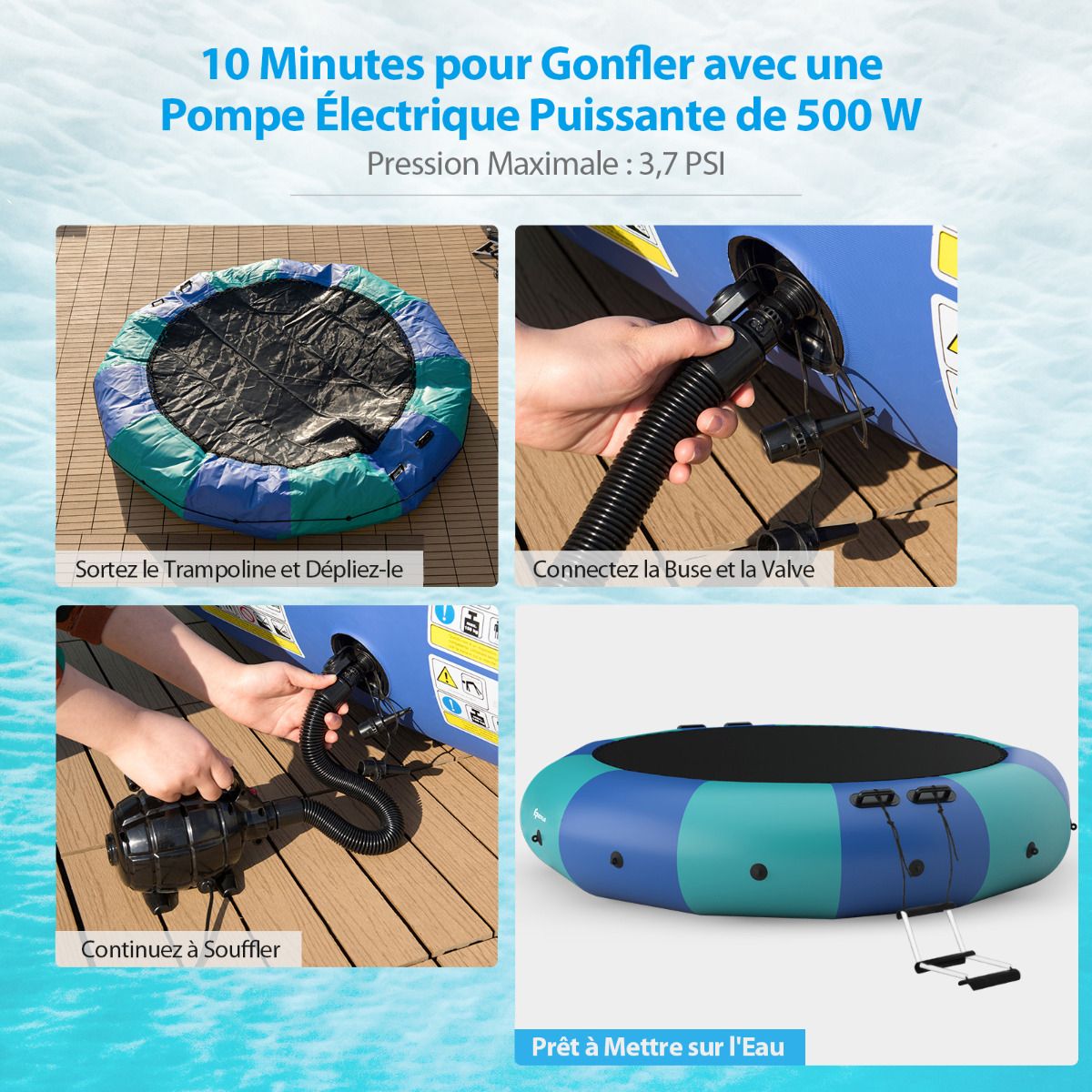 Inflatable Water Trampoline Dia.457cm Capacity of 150kg with Ladder Repair Kit and 500w Electric Inflator Blue -