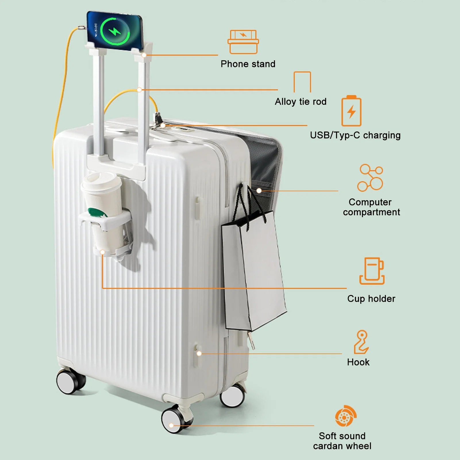 24 in Checked Luggage with Front Pocket, USB Charging Port, Built - in Lock Carry on Suitcase - Product image 6