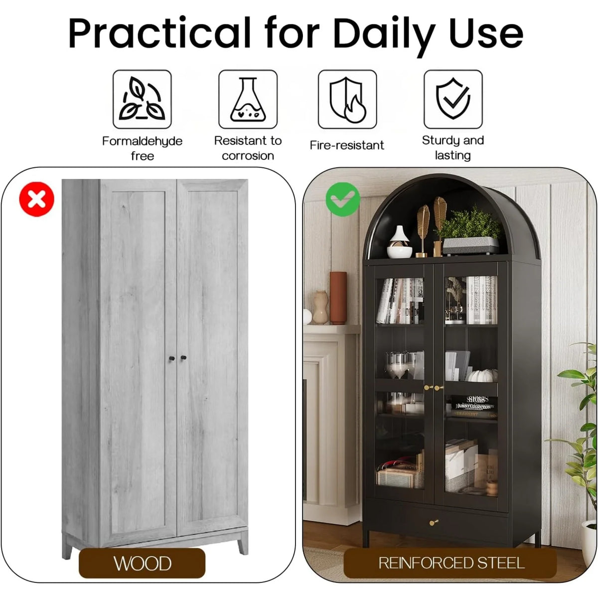 AECOJOY 73'' Kitchen Pantry, Metal Arched Storage Cabinet, Modern Display Bookcase China Cabinet - Product image 6