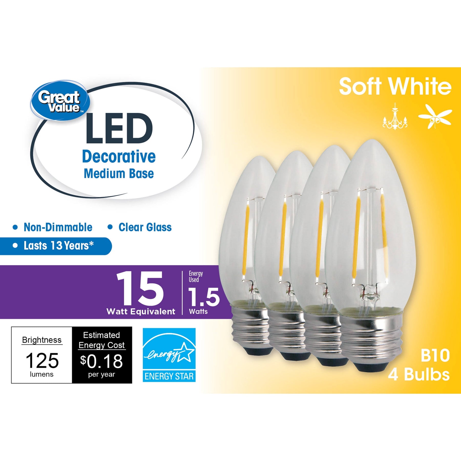 Great Value LED Light Bulb, 1.5 Watts (15w Equivalent) B10 Deco Lamp E26 Medium Base, Non-Dimmable - Product image 1