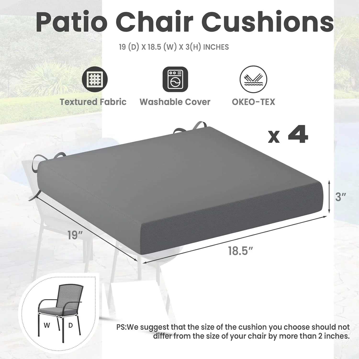 AECOJOY Outdoor Chair Cushions, 19 x 19 x 3 Inch Seat Cushions for Patio Furniture - Product image 9