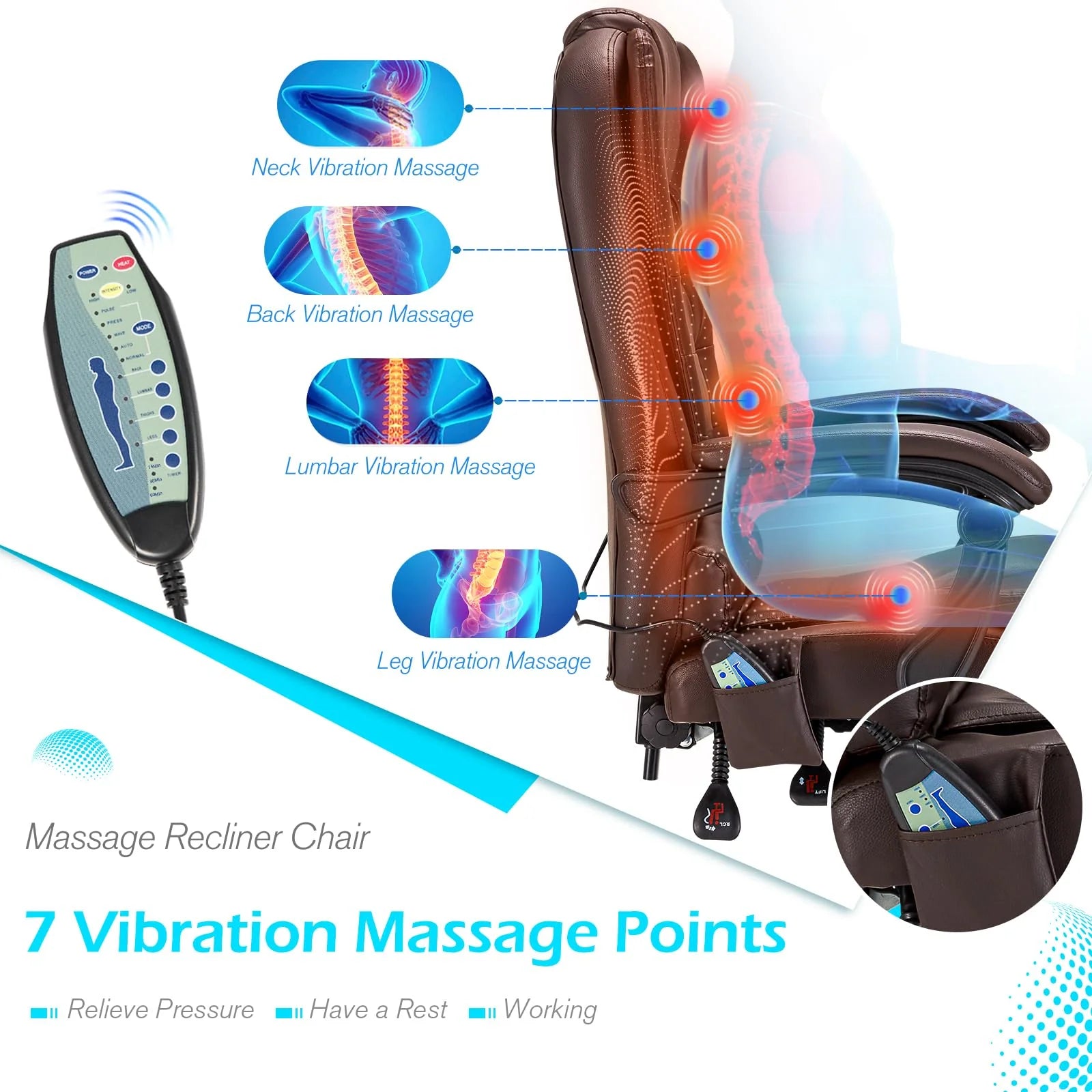 AECOJOY Office Chair with 7 Points Vibration Massage&Heat Functions, Brown Leather with Footrest - Product image 6