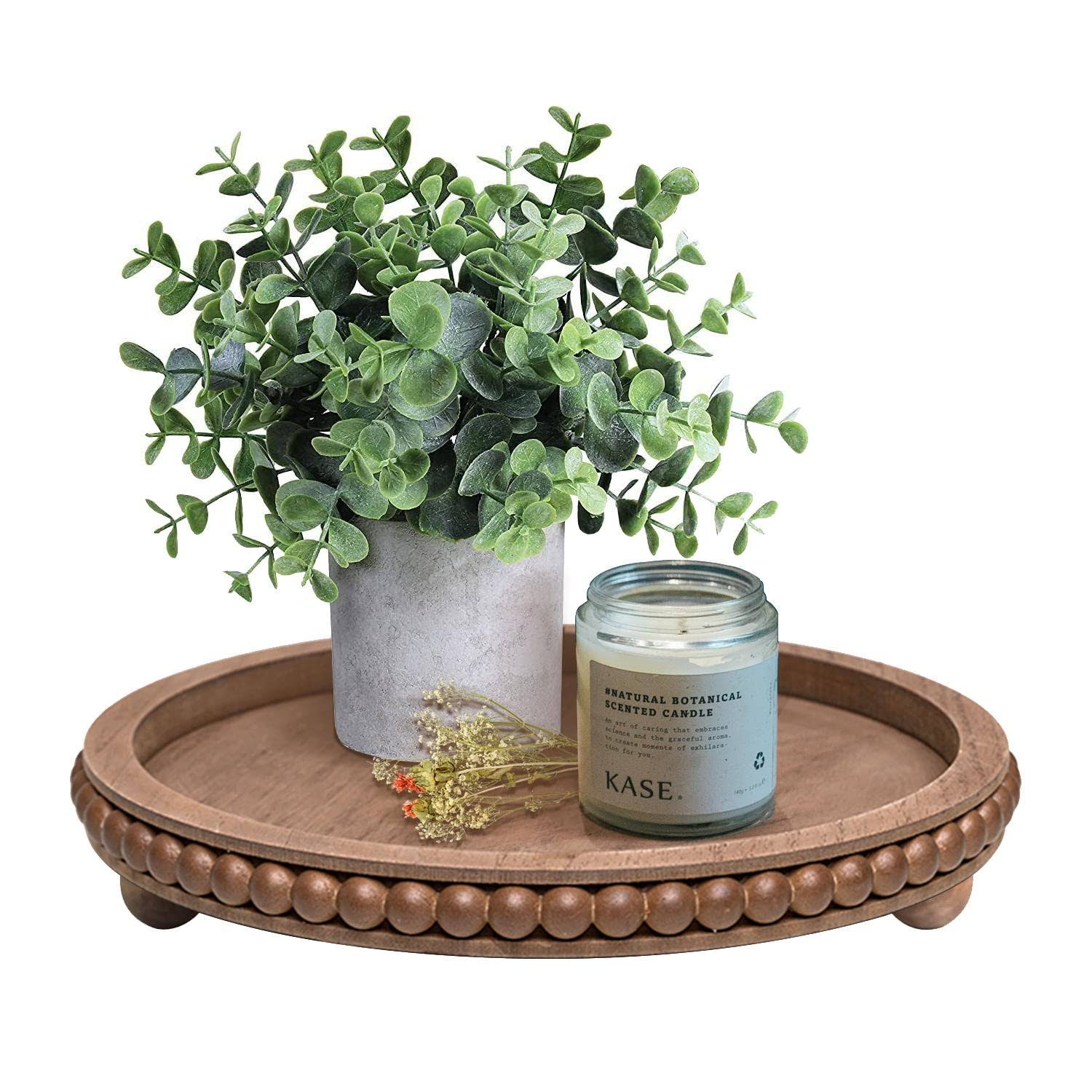 HPC Dec R Our Happy Place HPC Decor 12in Round Tray for Home Decor- Brown Wood Beaded Tray- Decorative - Product image 1