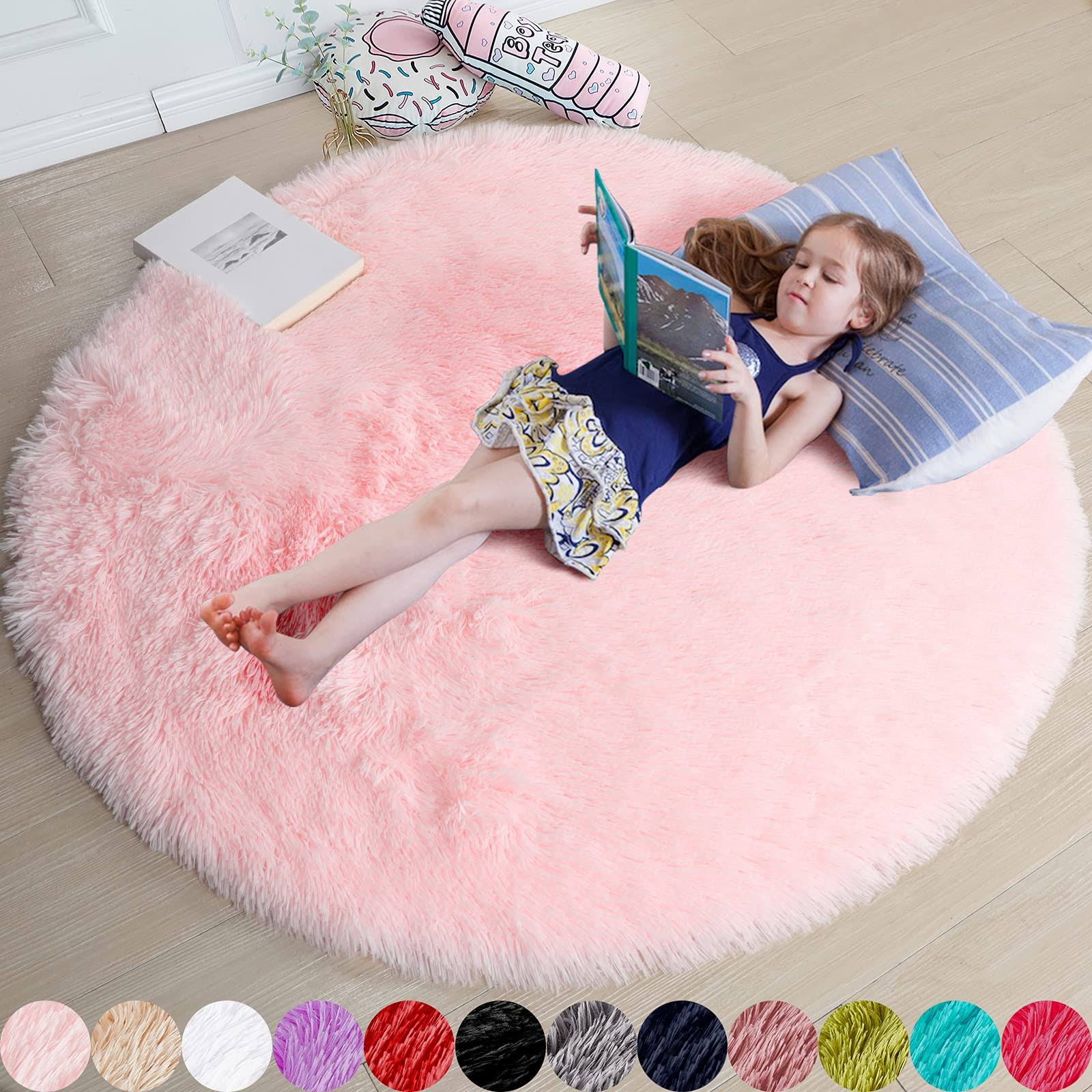 Amdrebio Pink Round Rug for Girls Bedroom, Fluffy Circle Rug 4'x4' for Kids Room - Product image 1