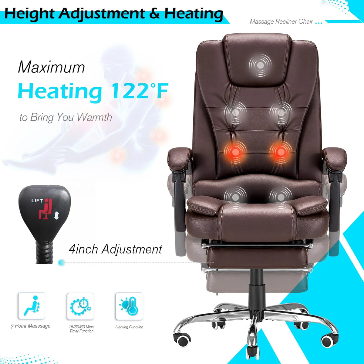 AECOJOY Office Chair with 7 Points Vibration Massage&Heat Functions, Brown Leather with Footrest - Product image 5