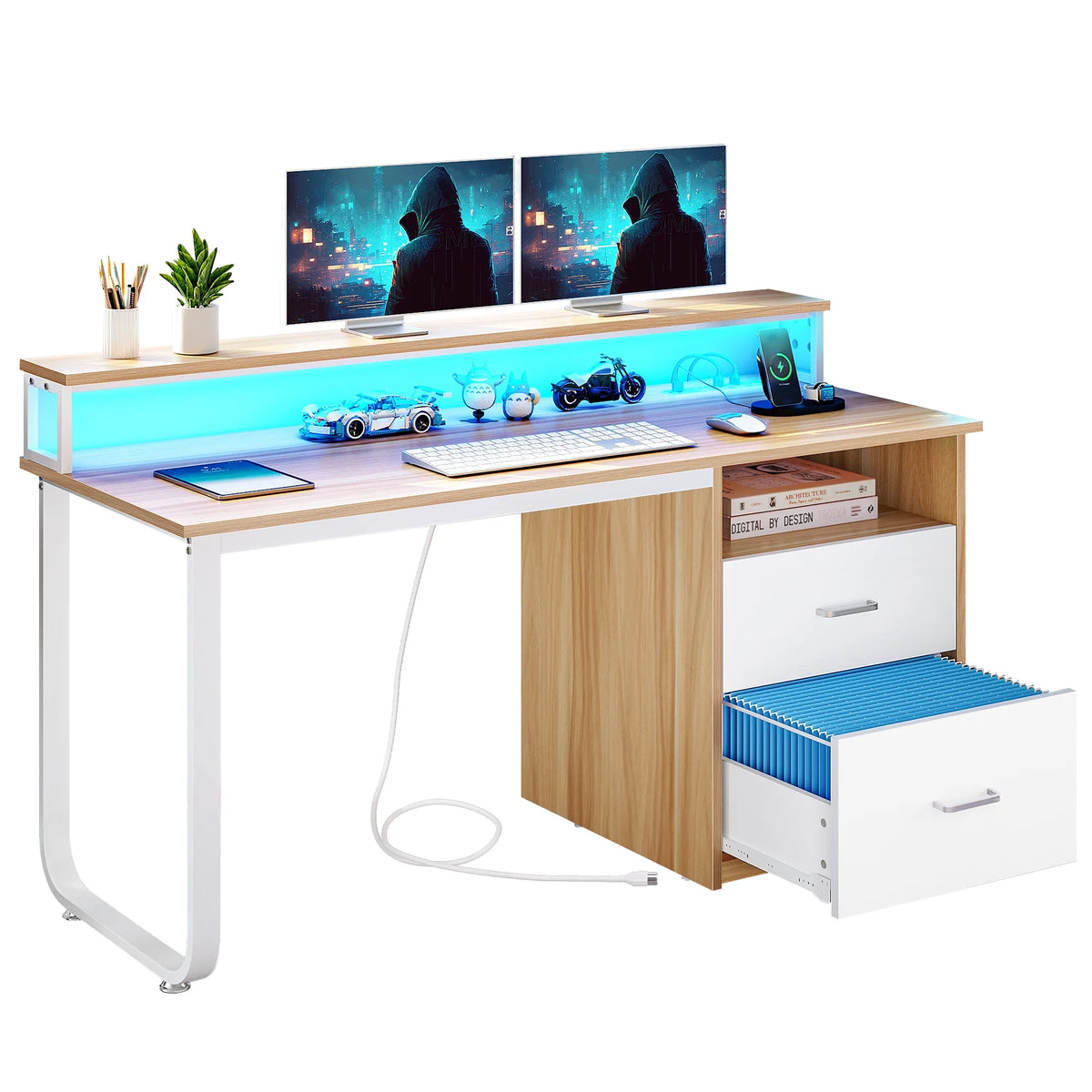 Dextrus 47 in Computer Desk with Storage Drawers & LED Light, Office Desk with Monitor Stand & Power - Product image 24